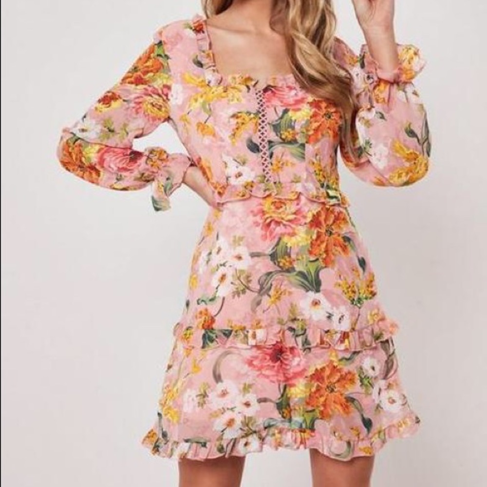 Missguided Pink Floral Milkmaid Tea Dress